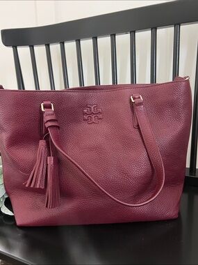 Tory Burch Thea Wine Red Pebbled Leather Tote with Tassel